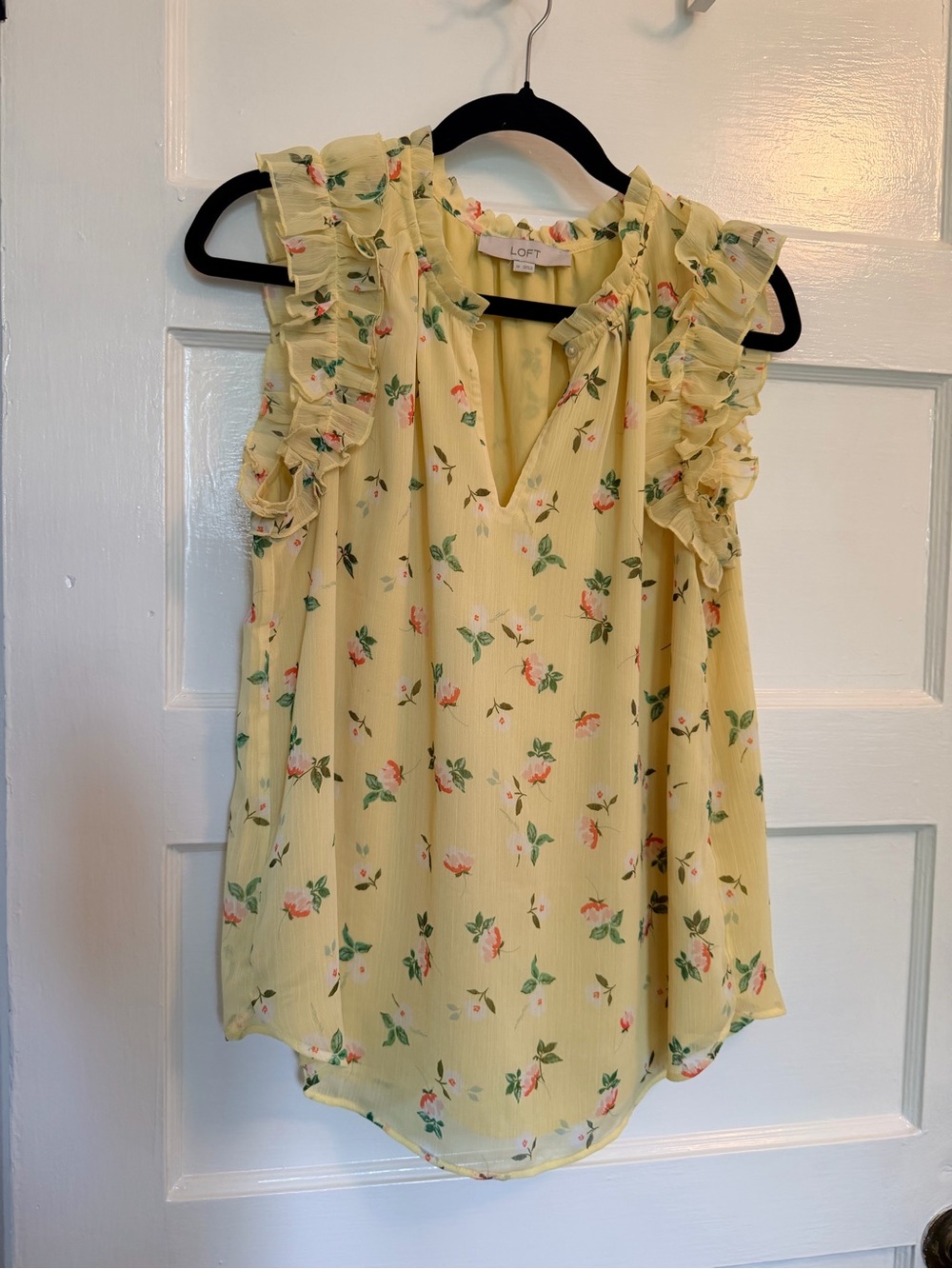 LOFT Yellow Floral Ruffle Sleeve V-Neck Blouse